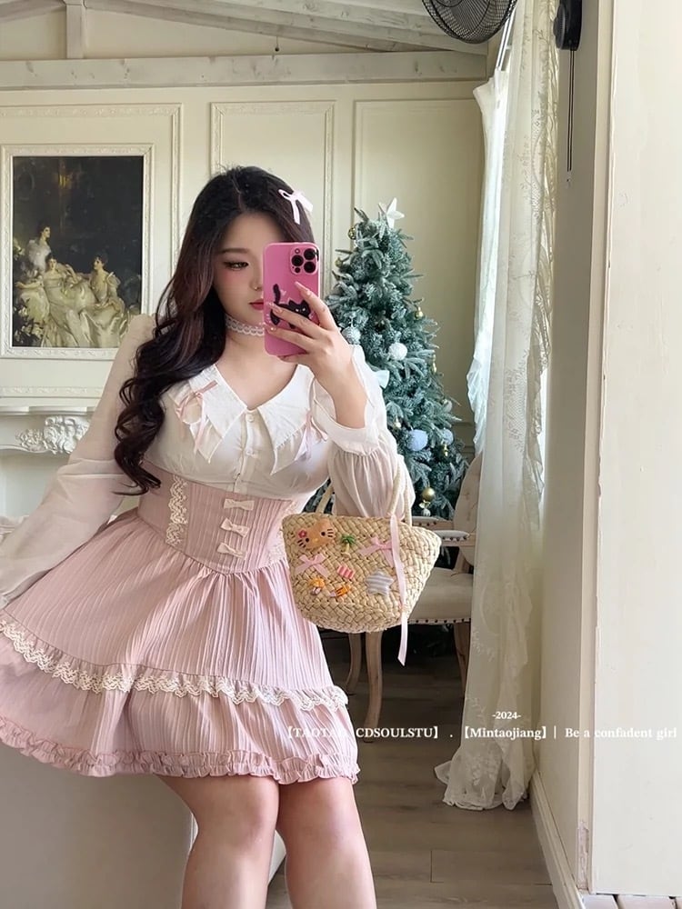 dolldoll M〜4XL ピンクリボンフレアワンピース 大きいサイズ