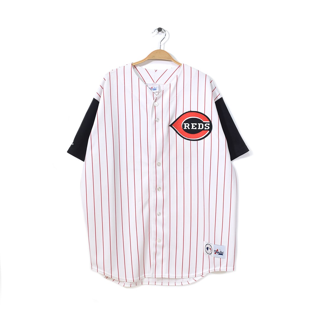 90s マジェスティック シンシナティレッズ MLB USA製 ゲームシャツ 背番号00 白黒赤 Cincinnati Reds サイズXL 古着 @CB1184