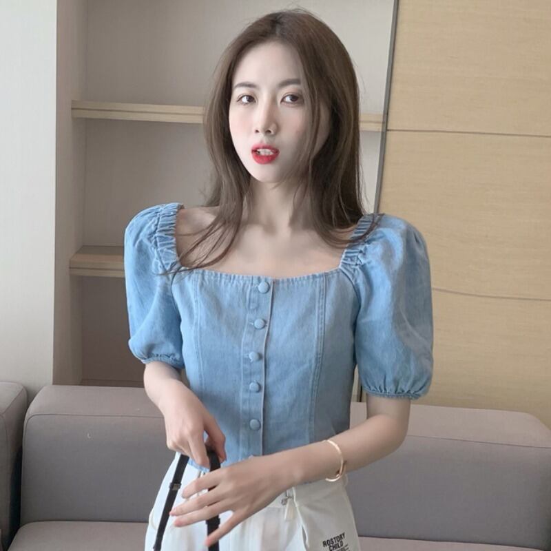 スタンダードカラーショートシャツ サマースリーブスリムブラウス レディース レトロ 夏物 スクウェア ハンチェンe58072246778