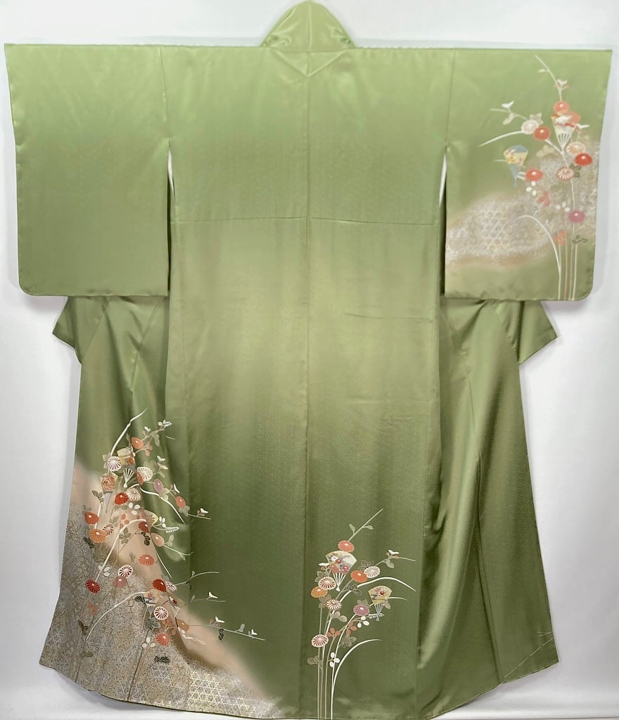 未使用 京友禅 金駒刺繍 秋の草花 訪問着 正絹 金彩 緑 ベージュ 950