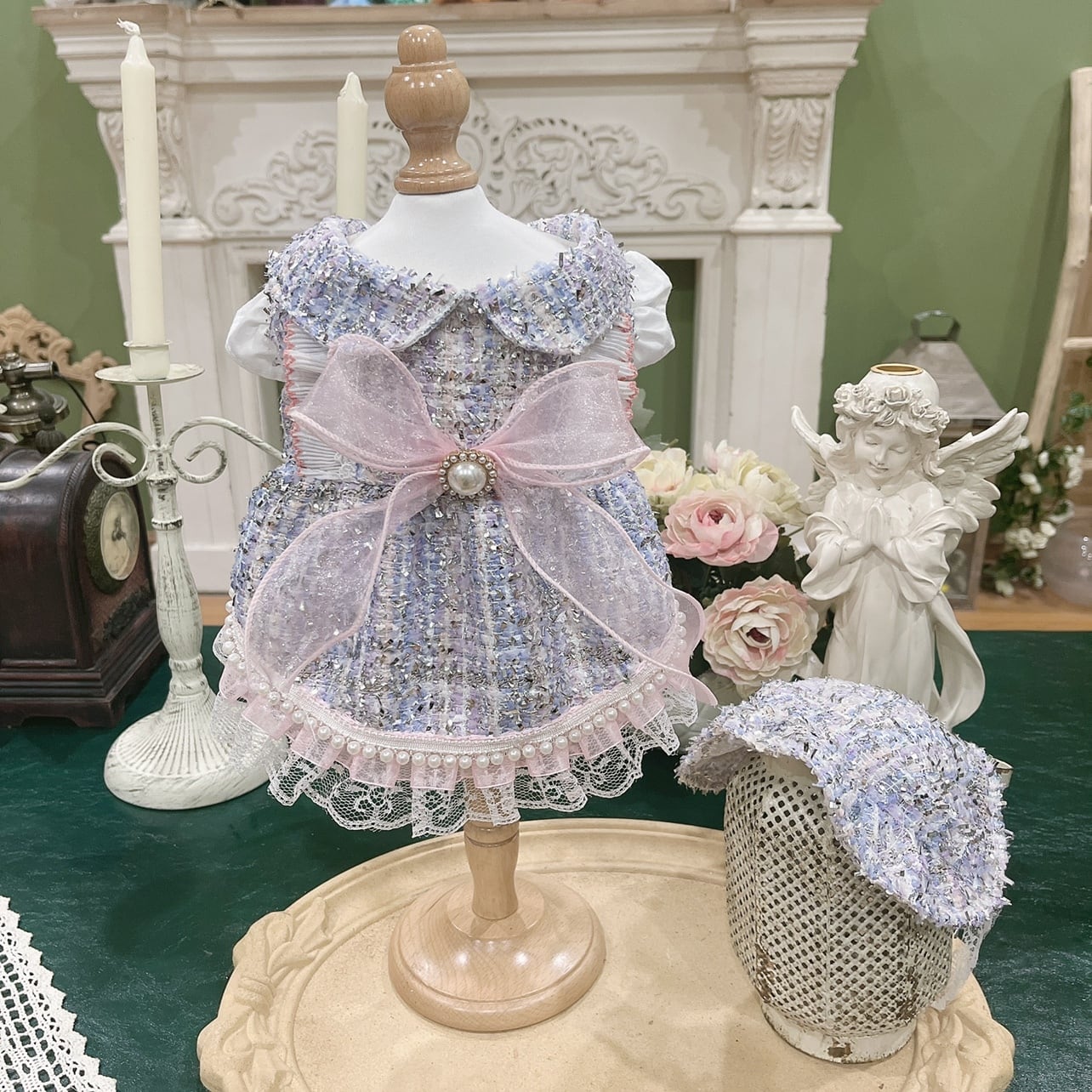 パールリボンのラベンダーツイードワンピース 00805