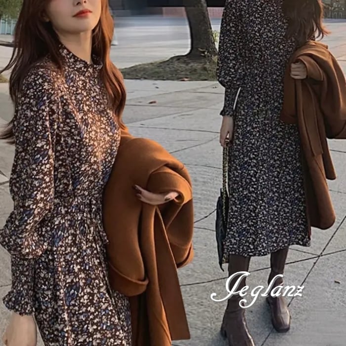 2色 プリント 長袖 ワンピース ハイネック ギャザー 紐ベルト ♪(MB833)γα