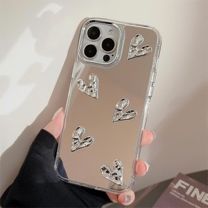 【特価処分】ZTOFERA iPhone 13ケース用、かわいい3Dハートミラーガールズ女性メイク電話カバー、シルバーハート型透明スマホケース、5つの心