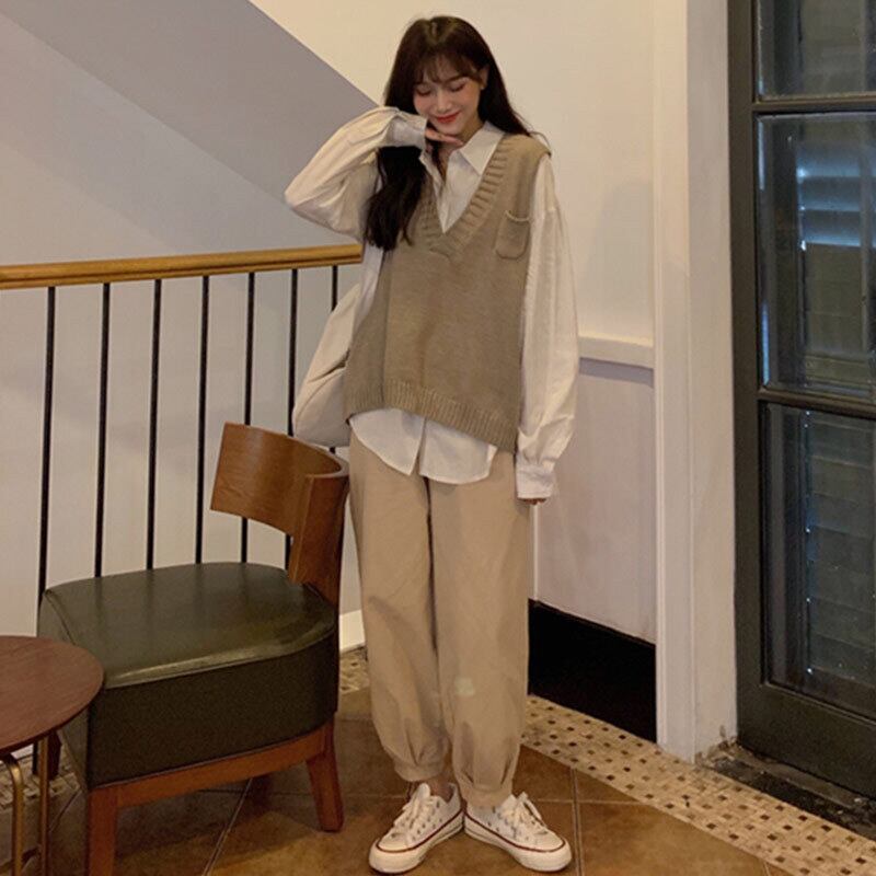 スプリングレディースホワイトシャツ Vネックニットスタンダードカジュアルパンツ レトロ 春物 萌量不足881230898