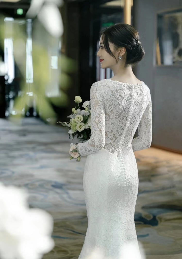 総レース Vネック 長袖 スレンダーライン ロングトレーン ウェディング  