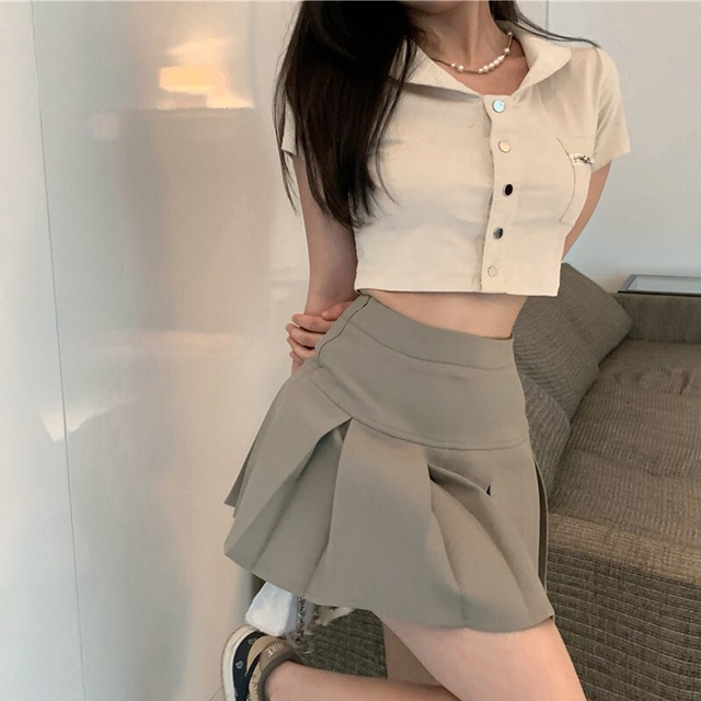 カラーブラウス ハイウェストプリーツスカート ストリート ガールズファッション7378333169