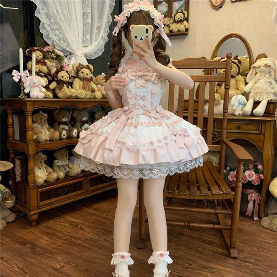 ロリータファッション 甘ロリ ピンクレースリボンワンピース