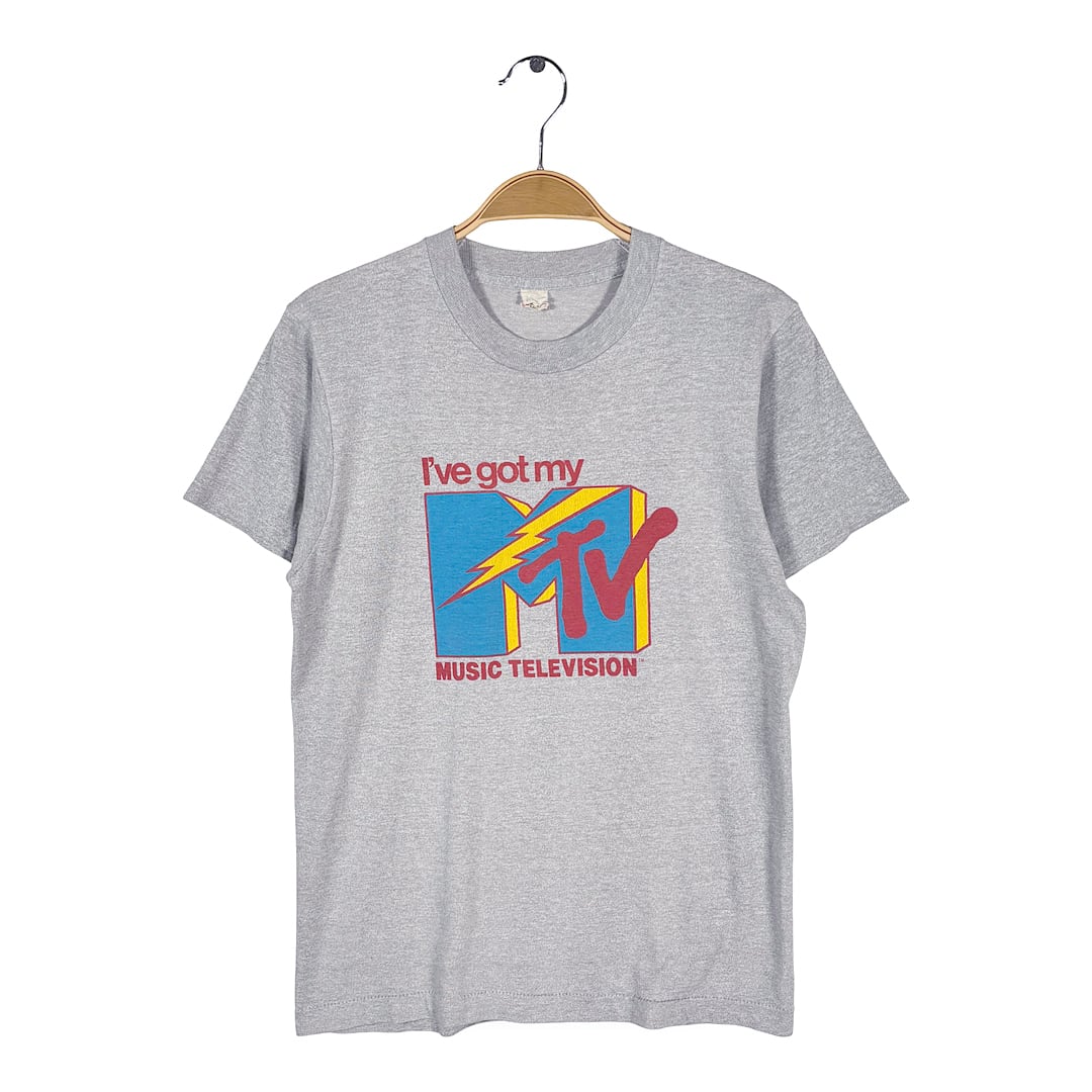 80s MTV USA製 ヴィンテージ Tシャツ ミュージックテレビジョン グレー 企業ロゴ スクリーンスターズ シングルステッチ サイズS相当 BZ0666