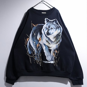 90s Black Wolf Print Design Animal Sweat