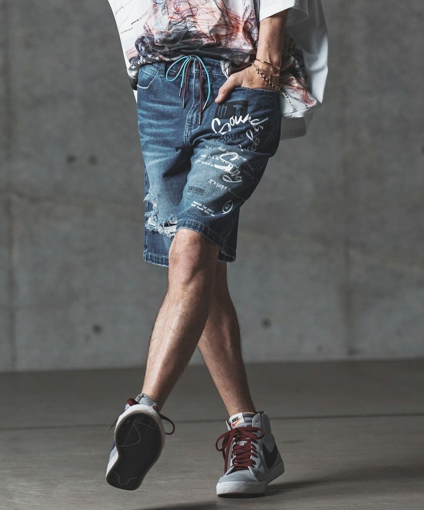 GLIMCLAP / Print & vintage processing design denim short pants ...