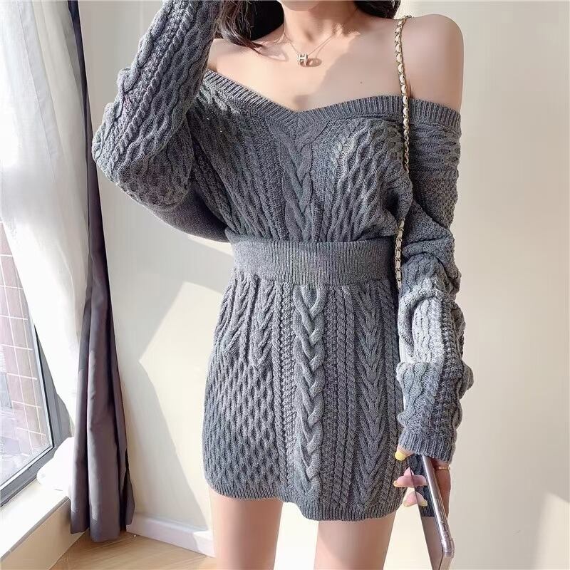 オフショルダーニット＋スカート　ニットセットアップ　AJ4Z4039-888