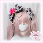 ♡【全5色】姫GAL ヒョウ柄 薔薇付き パールチェーンフリルリボンヘアクリップ black×vivid pink ♡