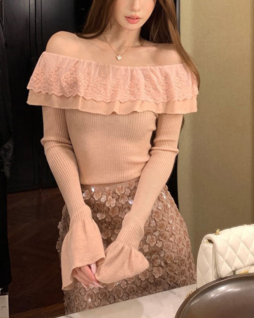 レースフリルオフショルダーニットトップス l5085