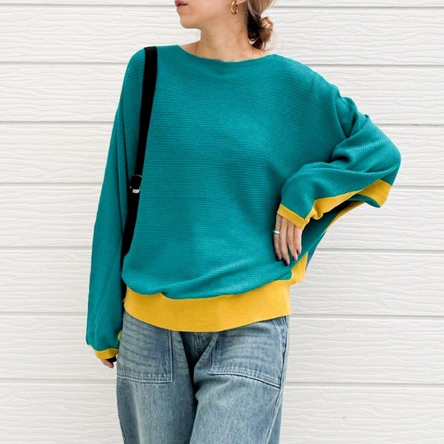 ブロックカラー横リブドルマンニット