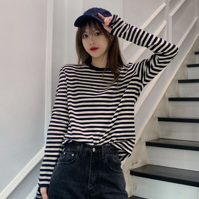 スプリングオータムニットセーター スタイルシャツ スリムストライプ長袖スリーブトップス ロング 春物 秋物 1号婦人70137466432