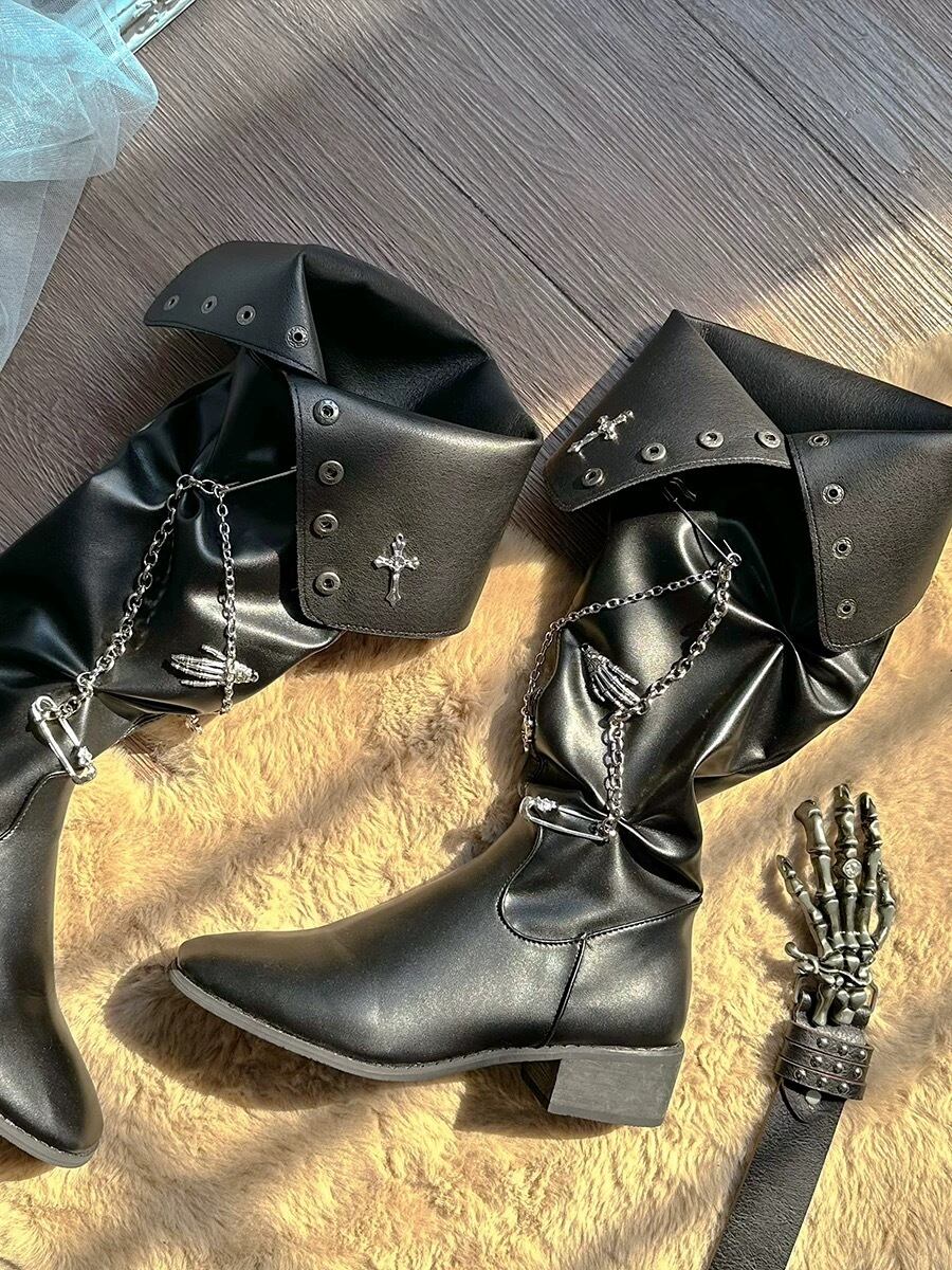 病みかわいい 22.5〜24.5cm 個性的 髑髏 十字架 ロングブーツ 病み