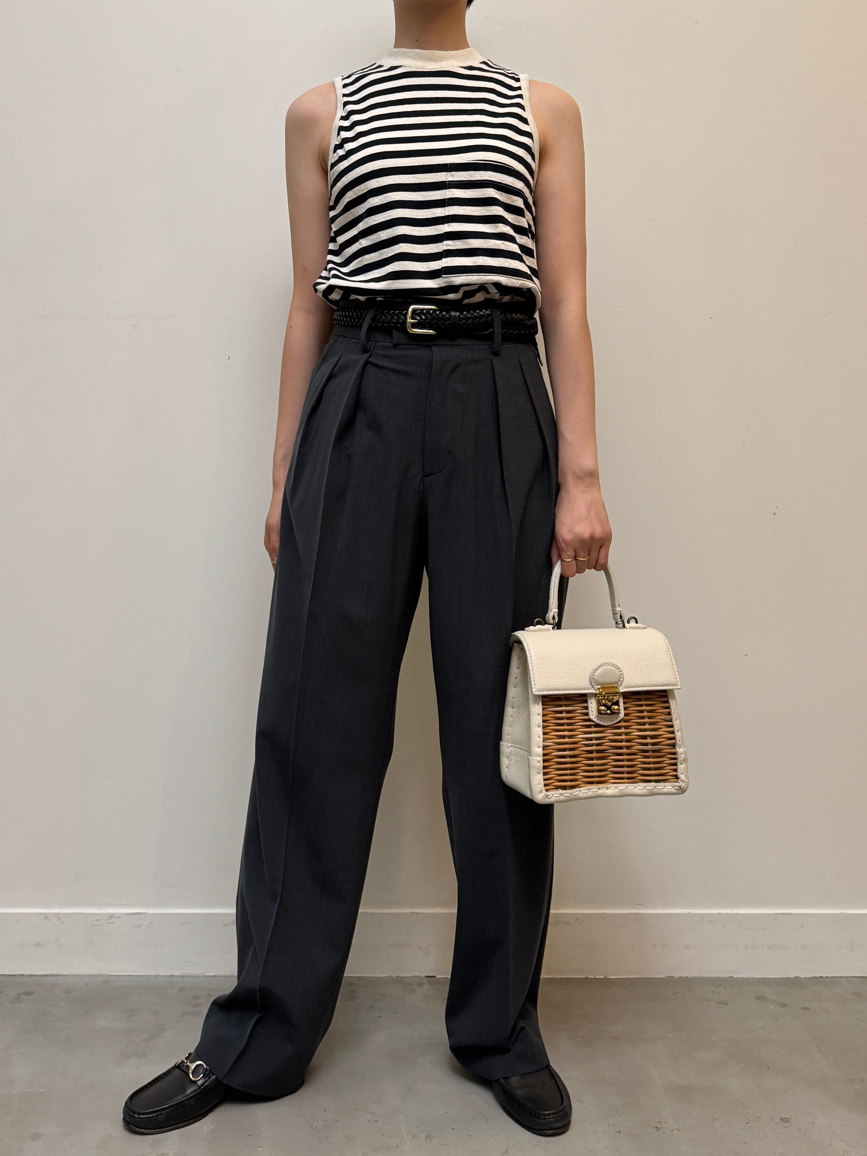CU13-21 USED BORDER SLEEVELESS "USA製" -ECRU×BLACK-