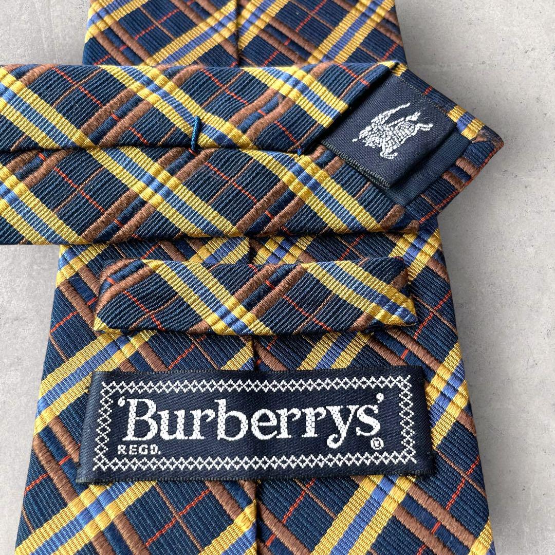 美品 Burberry バーバリー ストライプ チェック柄 ネクタイ ネイビー 