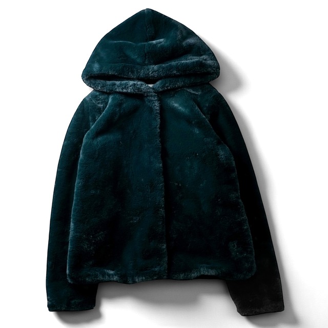 Vintage snap button faux fur hooded short jacket “GREEN”