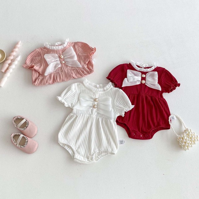 【BABY】大きなリボン付フリル襟パフスリーブ半袖リブロンパース - 12