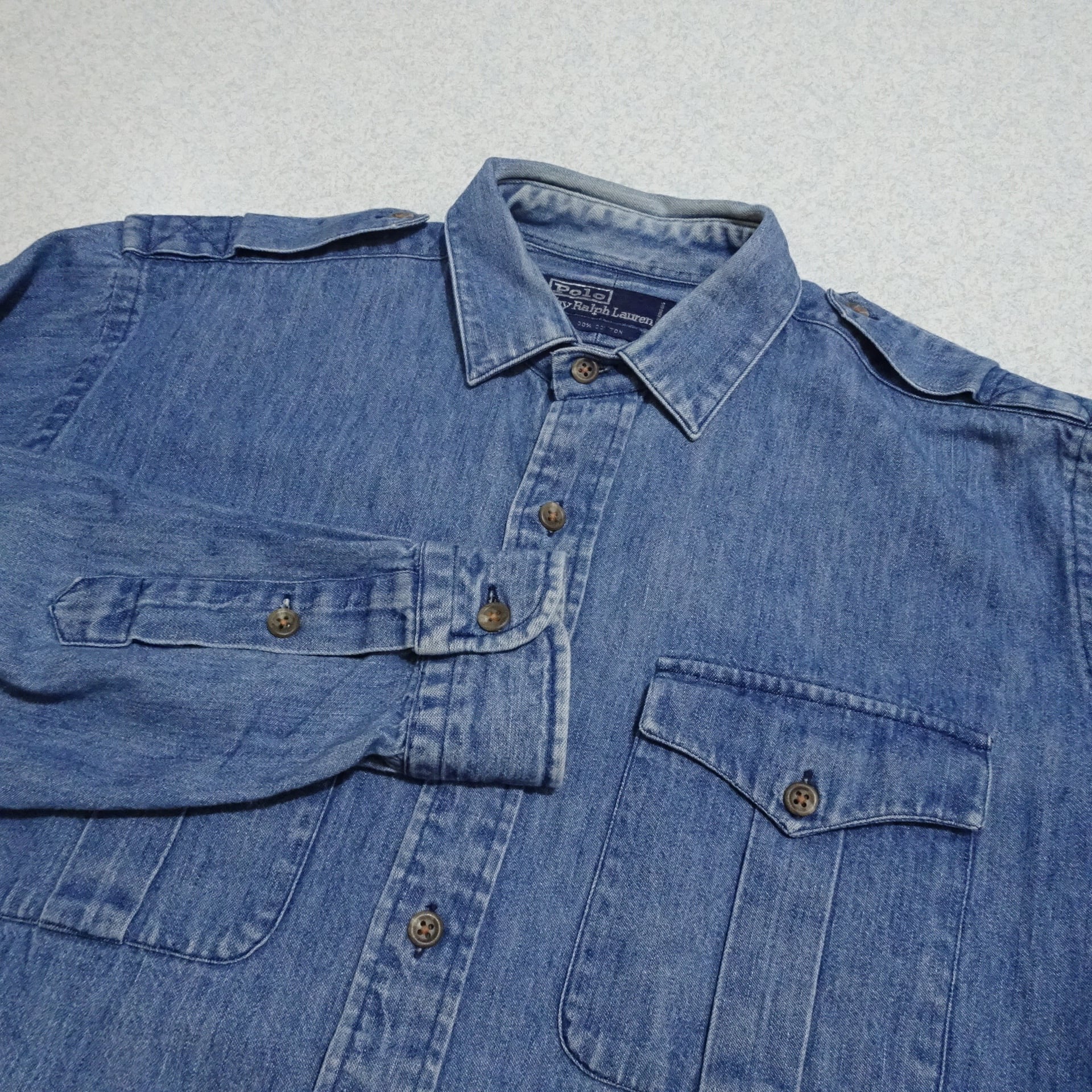 90s 香港製 Ralph Lauren ラルフローレン 長袖デニムシャツ ダブル