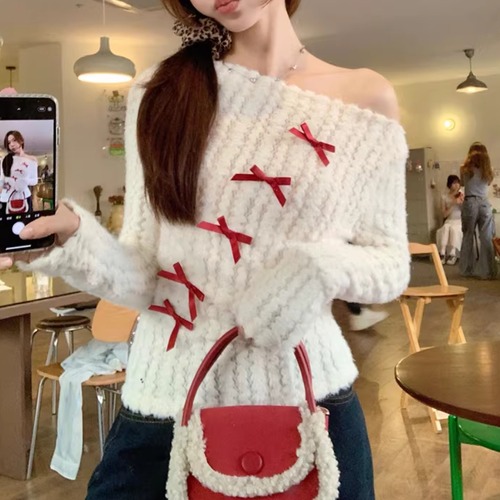 アシメリボンデコオフショルニット ・74684