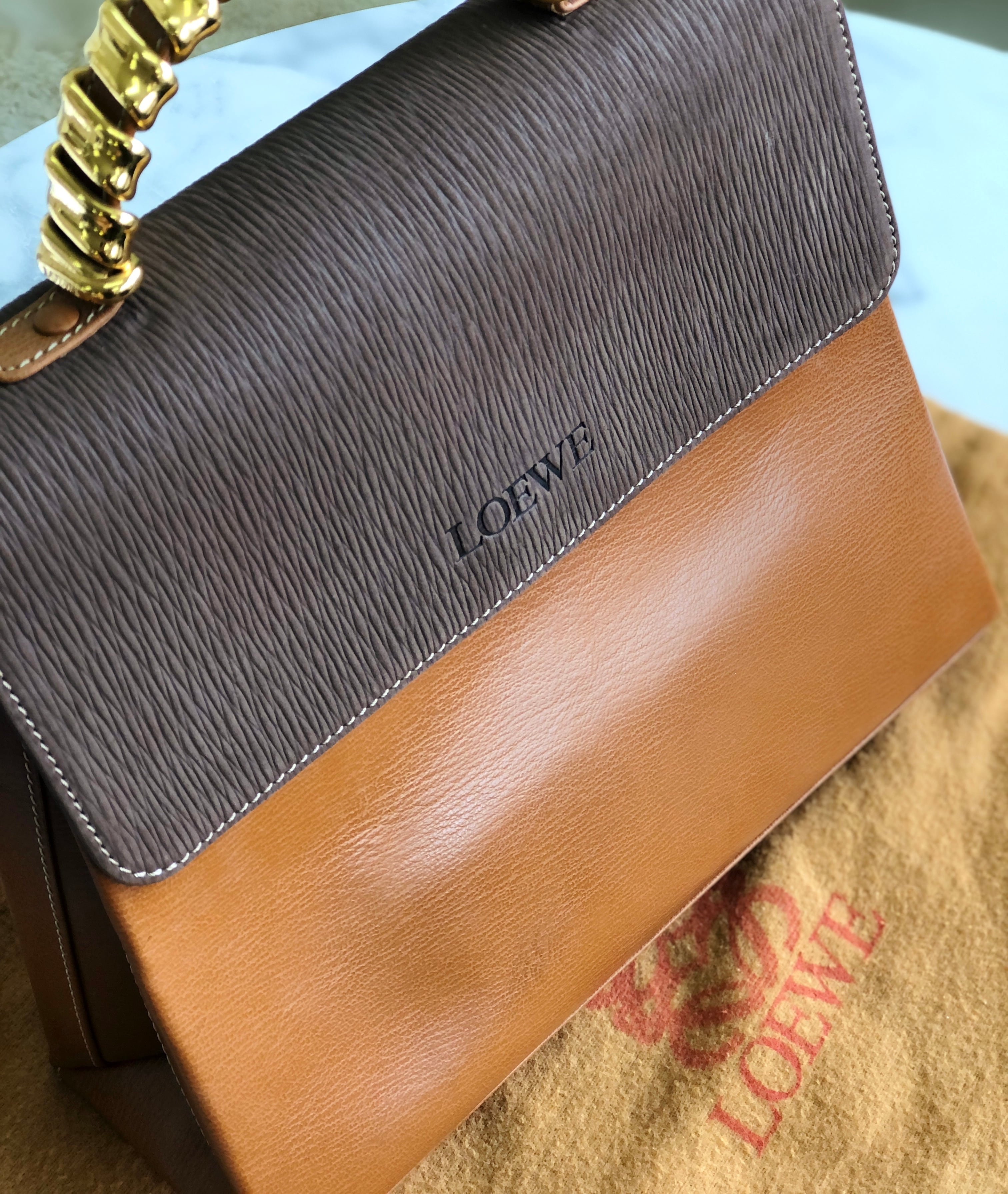 LOEWE　ロエベ　ベラスケス　ロゴ　メタルハンドル　スエード×レザー　2WAY　ミニバッグ　ショルダーバッグ　キャメル×ブラウン　vintage　 ヴィンテージ　オールド　manixf | VintageShop solo powered by BASE