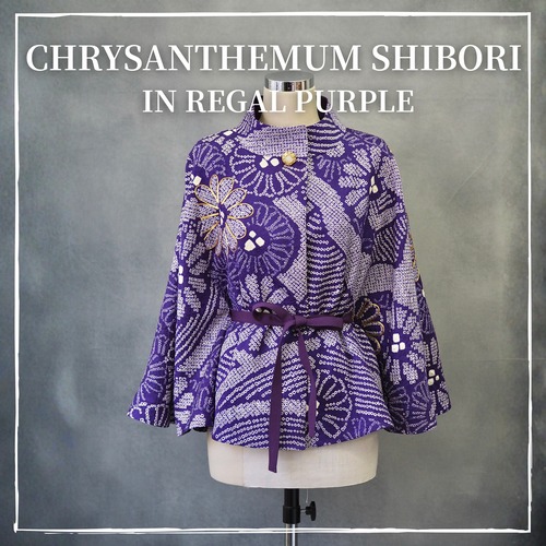 Regenerated Kimono Cape jacket – Handcrafted in Japan/CHRYSANTHEMUM SHIBORI IN REGAL PURPLE  着物リメイクのケープジャケット｜日本のヴィンテージシルクを再生した一点物/帝王紫の総絞り、金刺繍の菊