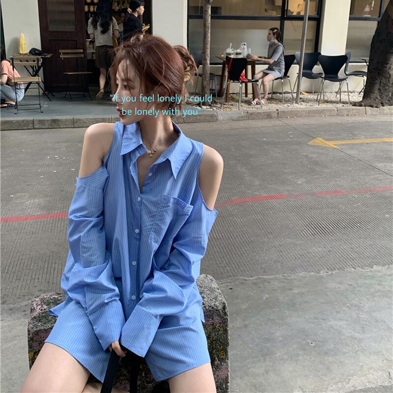 オフショルダー長袖シャツ女性のデザイン感覚ニッチな夏の日焼け止めミドル丈トップ2020新しい香港スタイルのシャツ ブラックストロベリース66757190674