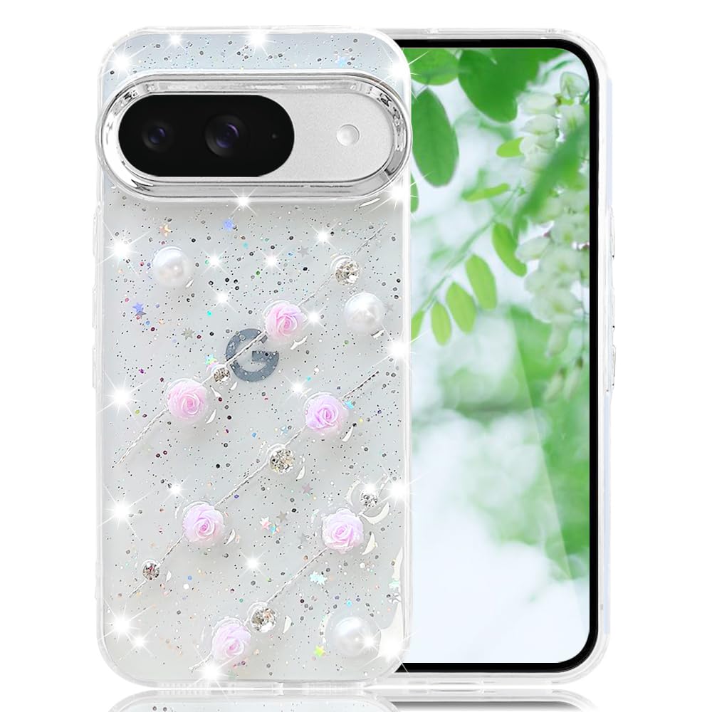 JOOBOY スマホケース 対応 Google Pixel 9 / 9Pro / 10 / 10Pro/ 11 / 11Pro クリアケース 透明 キラキラ 【ドリル&花柄& 背面凹凸設計】 フラッシュ かわいい TPU 滑り止め 衝撃吸収 おもしろい 女性人気 キャラクター ストラップ穴 グーグル ピクセル 携帯電話カバー (ピンク-花)