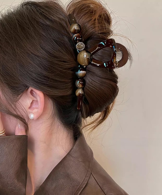 ブラウンビーズヘアクリップ Q0216