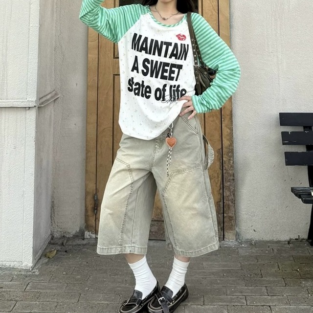 ボーダーラグランリッププリントロングスリーブTシャツ 2col R02471