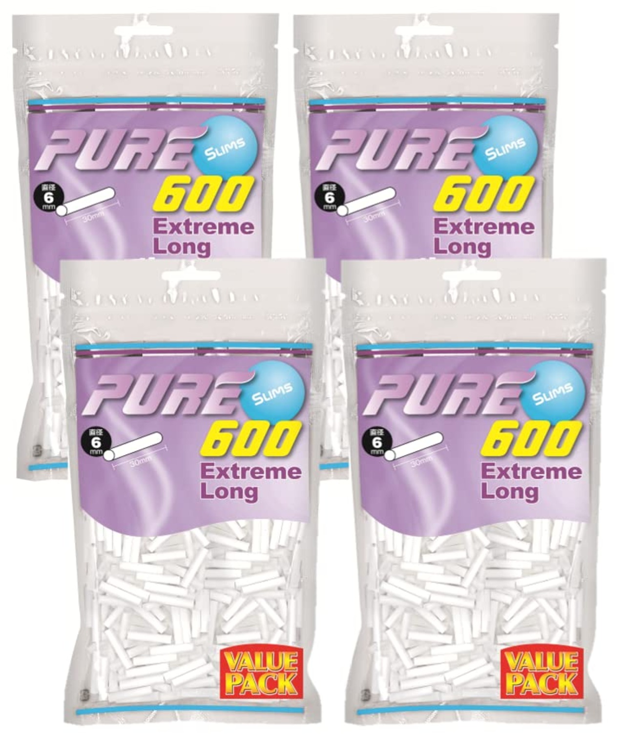PURE スリム エクストリーム ロング フィルター 6mm x 30mm バリューパック600 ×４個セット 手巻き用