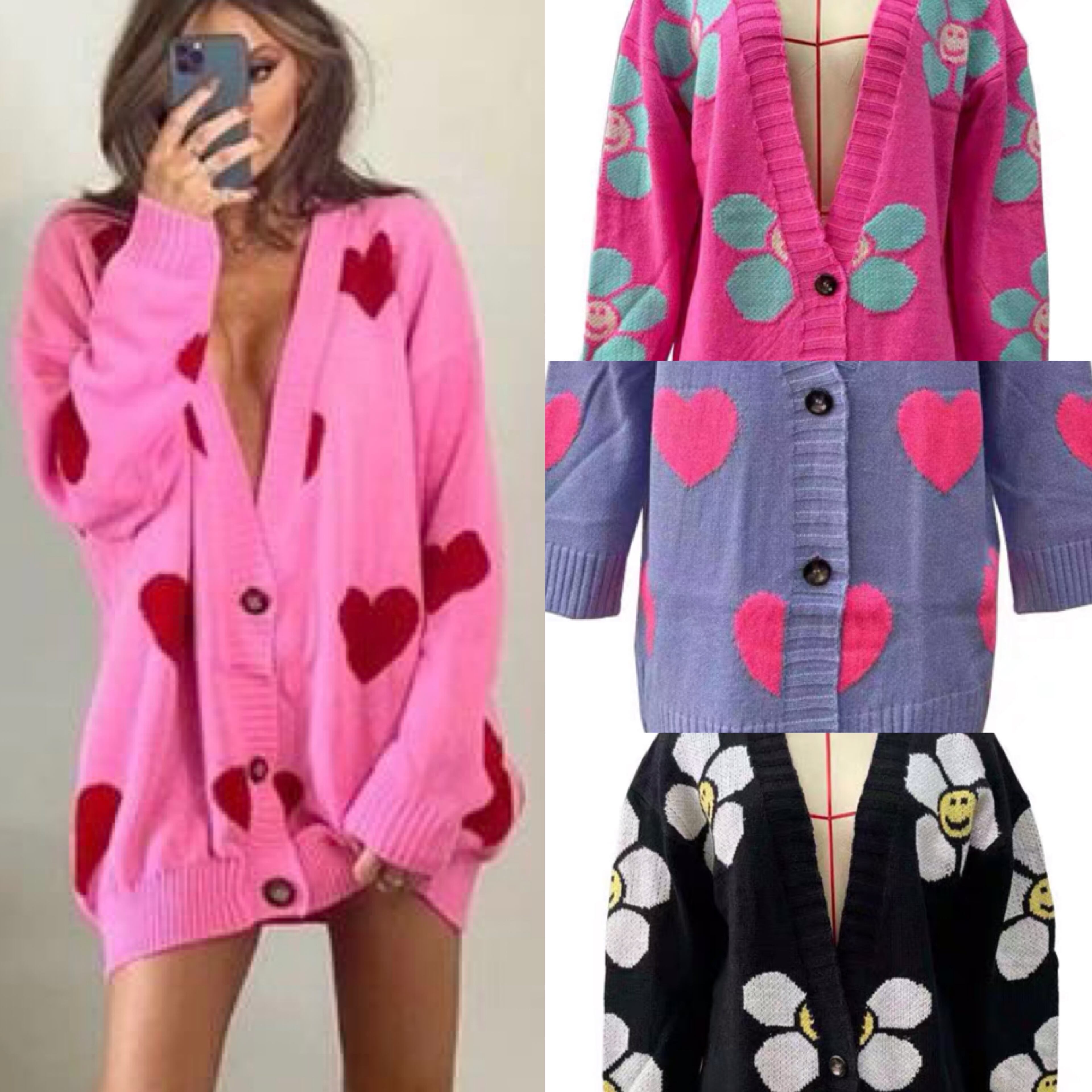 カーディガン ハート ニット トップス ワンピース 水色 ピンク ハート