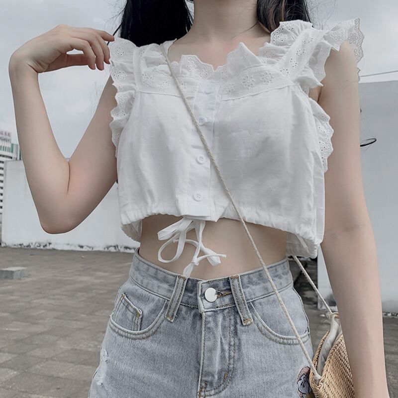 ホワイトショートレースサマースリム薄手トップス 夏物 萌量不足90903089056