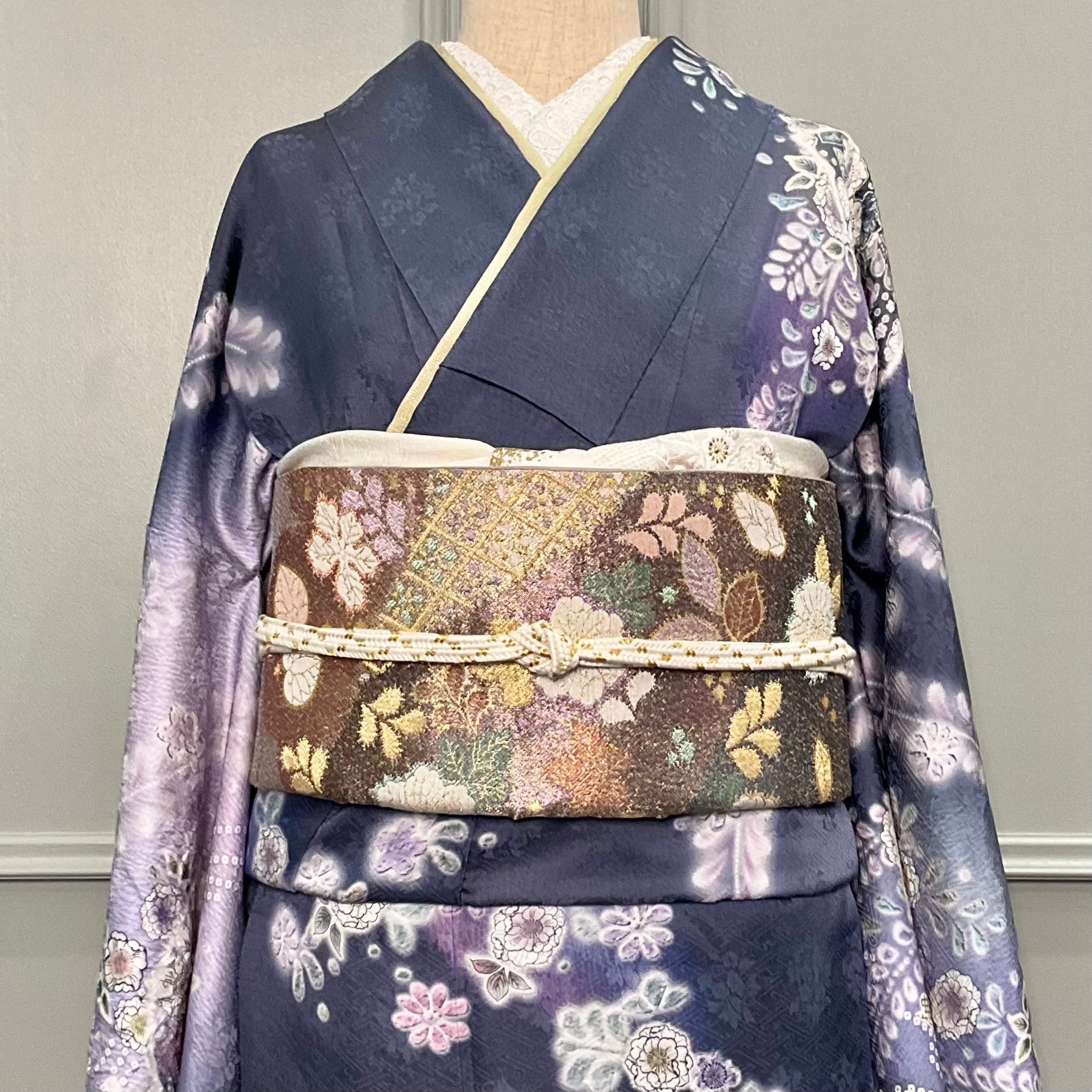 訪問着 流水 金彩 絞り セット 袋帯 灰紫 tall＊藤と桜の饗宴＊訪問着セット 辻ヶ花模様 流水 地紙 卒業式 入学