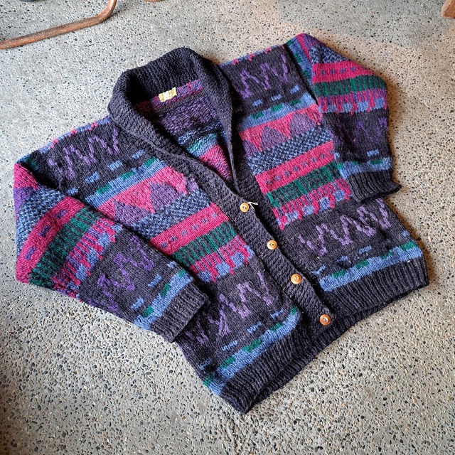 エクアドル製 ショールカラー 総柄カーディガン used [301018]