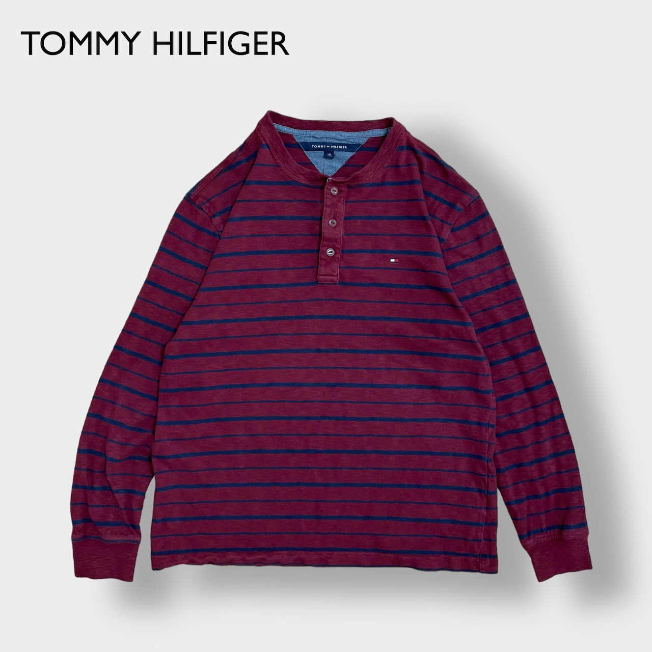 【TOMMY HILFIGER】ワンポイント 刺繍ロゴ 長袖シャツ ヘンリーネック ボーダー バーガンディ ロンT ロングTシャツ トミーヒルフィガー L US古着