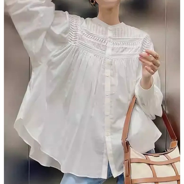 オーバーサイズシャツブラウス　スタンドカラー　S0303