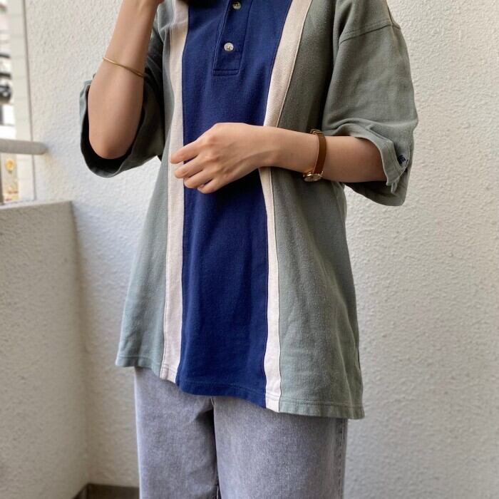 新入荷sale対象外 90年代 Columbia コロンビア 切り替え ストライプ ポロシャツ メンズl相当 古着 90s ビンテージ ヴィンテージ カーキ ベージュ ネイビー 紺色 鹿の子 ポロシャツ Cave 古着屋 公式 古着通販サイト