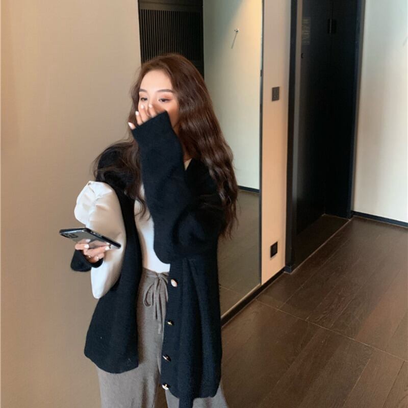 ニットセーター レディースルーズブラックトップス スプリングスタンダードスタイルカーディガンジャケット レトロ 春物 ブラックストロベリース95903177156