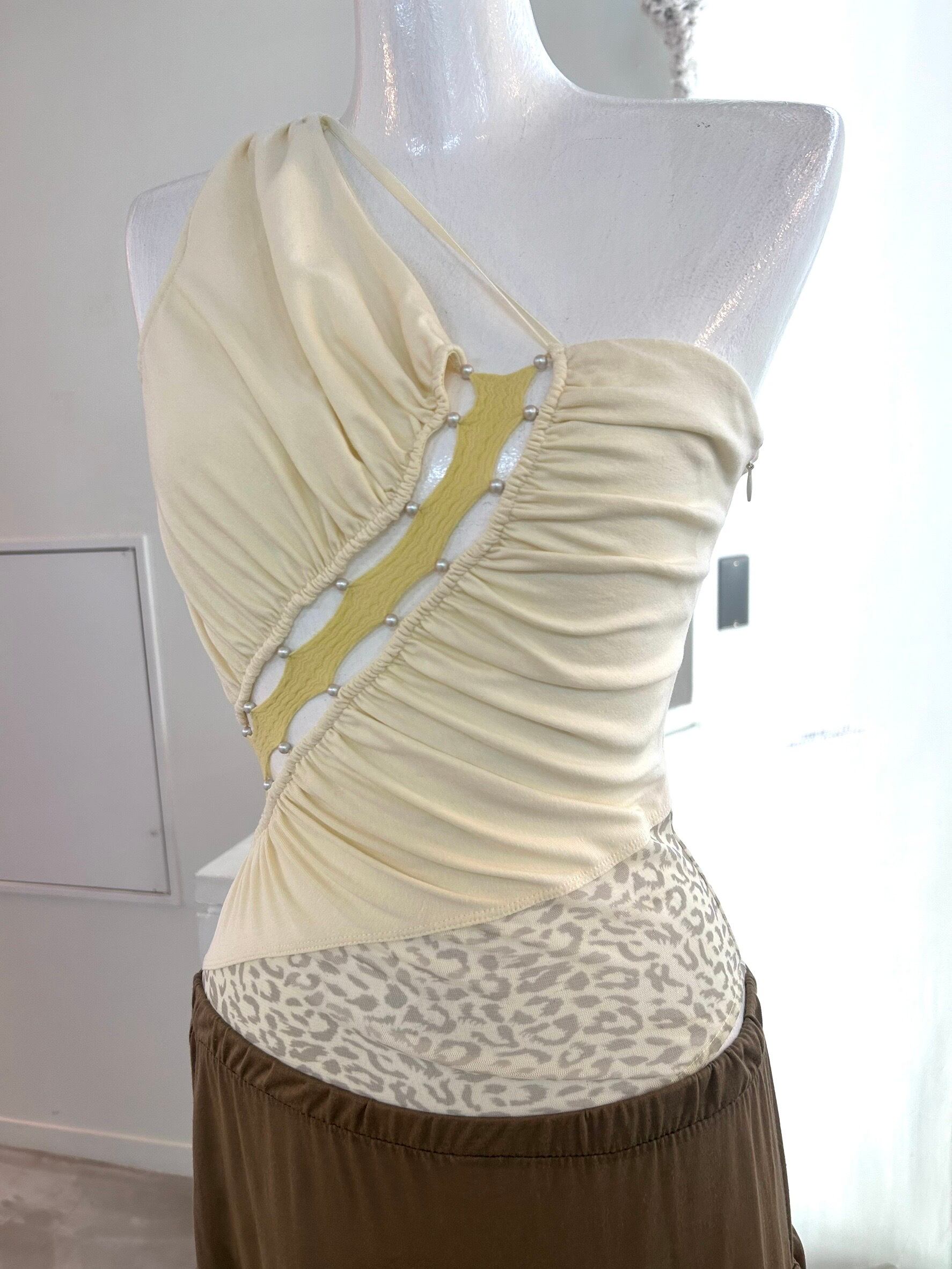 RUIbuilt one-shoulder ruched combo leopard mesh bodysuit