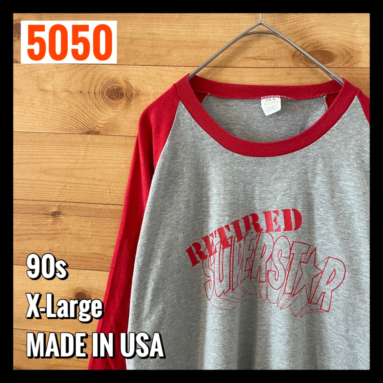 【5050】80s 90s USA製 プリント 七分袖 ベースボールTシャツ ラウンドカット XL US古着