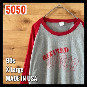 【5050】80s 90s USA製 プリント 七分袖 ベースボールTシャツ ラウンドカット XL US古着