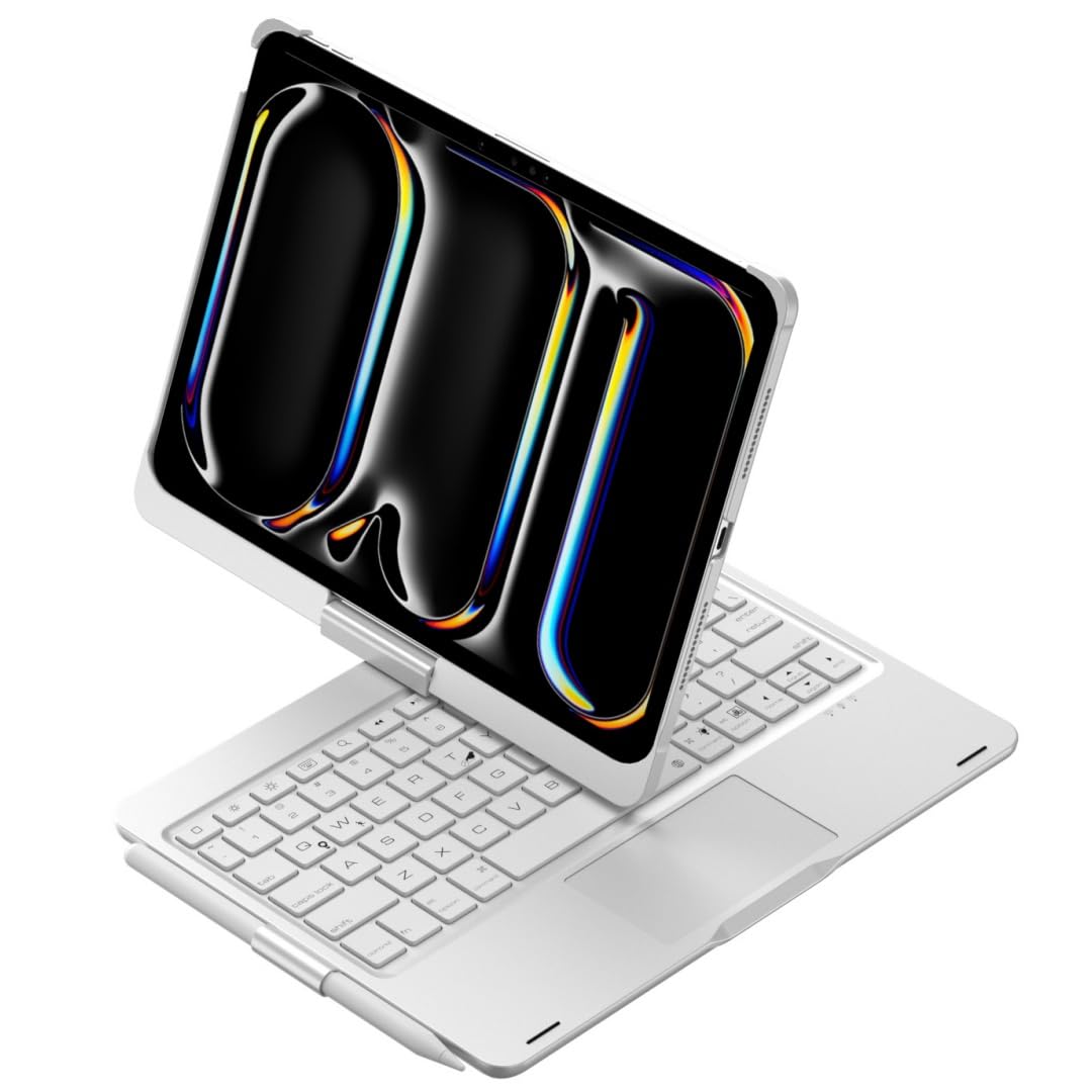 360度回転 2025年/2024年 11インチiPad Pro(M5/M4)用の キーボードケース タッチパッド搭載 iPad Pro 11 2025/2024用の キーボードカバー 一体型 バックライト 折り畳み トラックパッド Apple Pencil 充電収納可能,銀