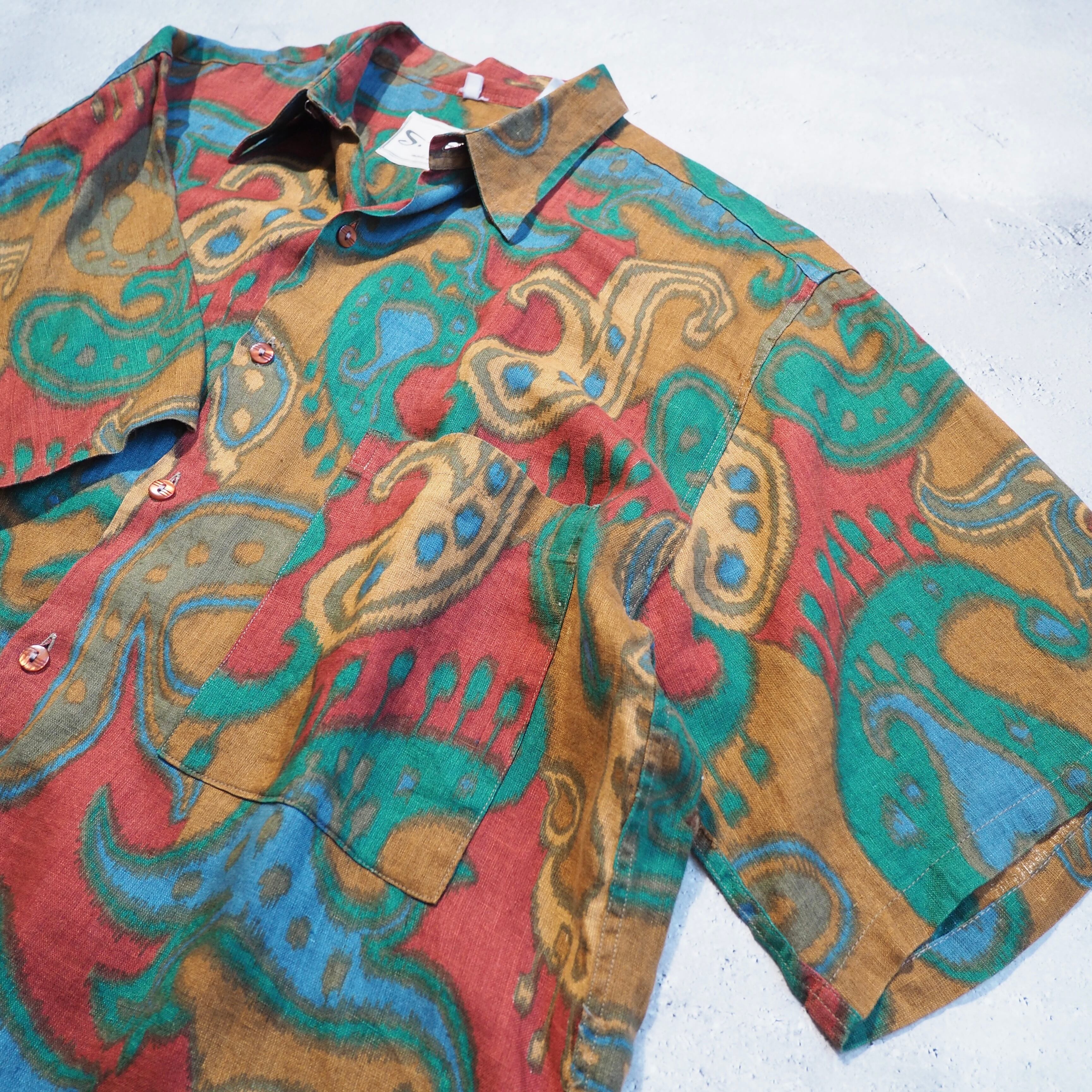 1990s " Made in Italy " Beautiful paisley pattern vintage loose SS linen shirt