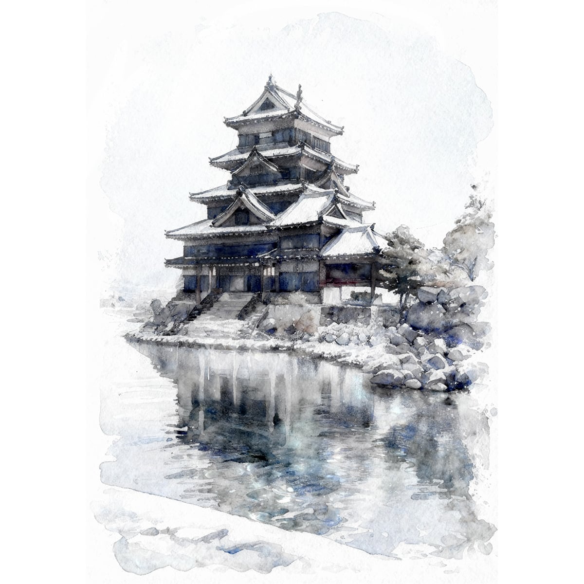 絵画 風景画 日本の城 長野県松本城 インテリアアート額付き 水彩画