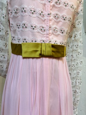 60’s 70’s vintage flower lace green satin ribbon dress