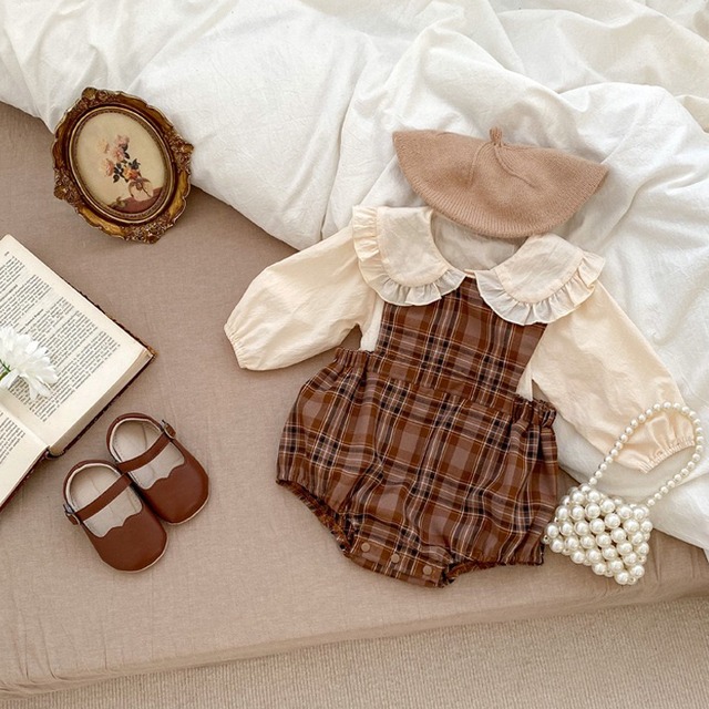 ,ベビー女の子100％綿チェック柄セットアップ　ロンパース　フリル襟ブラウス　ブラウン  lwb0024