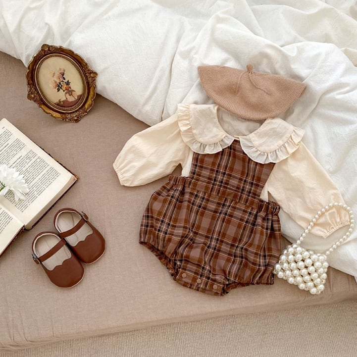 ,ベビー女の子100%綿チェック柄セットアップ ロンパース フリル襟ブラウス ブラウン lwb0024